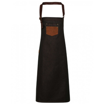 Denim Bib Apron Black/Tan with Faux Leather Strap 72 x 86 cm