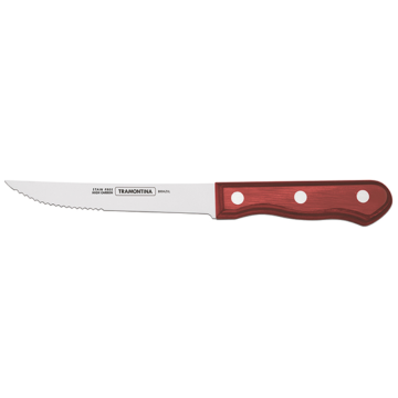 Tramontina Small Polywood Handled Steak Knife 22cm, Pointed Tip, Serrated Edge, Red