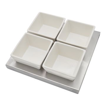 White Square Porcelain 4 Bowl Relish &amp; Dip Server with Steel Base