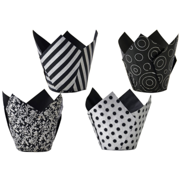Black &amp; Silver Tulip Baking Cups 8cm Deep 5cm Base (Pack 50)