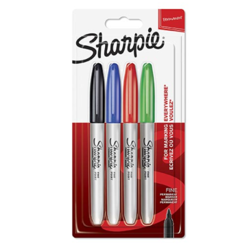 Sharpie Permanent Markers Ass. Colours, Fine Point (Pack 4)