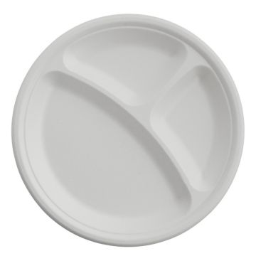 Bagasse White Round Plate 3 Comp (254mm/10&quot;) TP4/3 (Pack 50)