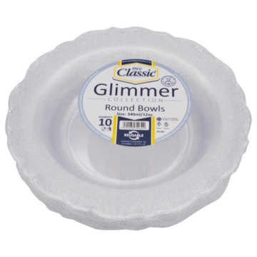 Reusable Round Silver Glimmer Plastic Bowl 340ml / 12oz (Pack 10)