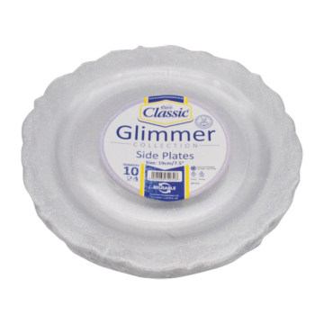 Reusable Round Silver Glimmer Plastic Plate 7.5&quot; / 19cm (Pack 10)