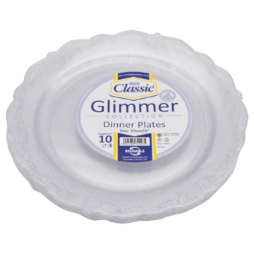 Reusable Round Silver Glimmer Plastic Plate 9&quot; / 23cm (Pack 10)