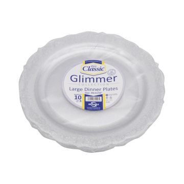 Reusable Round Silver Glimmer Plastic Plate 10&quot; / 26cm (Pack 10)