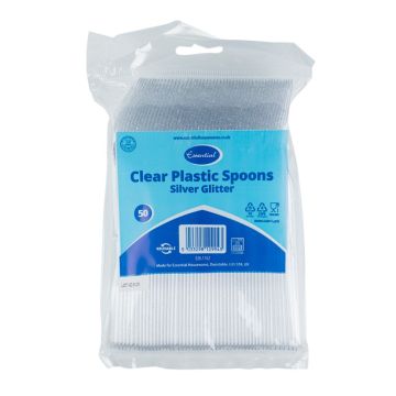 Essential Clear Plastic Spoon with Silver Glitter (Pack 50)