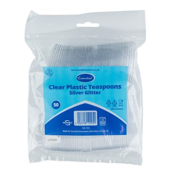 Essential Clear Plastic Teaspoon with Silver Glitter (Pack 50)