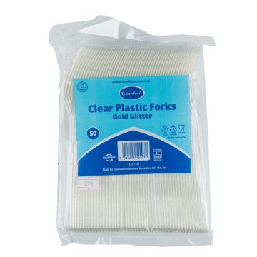 Essential Clear Plastic Fork with Gold Glitter (Pack 50)