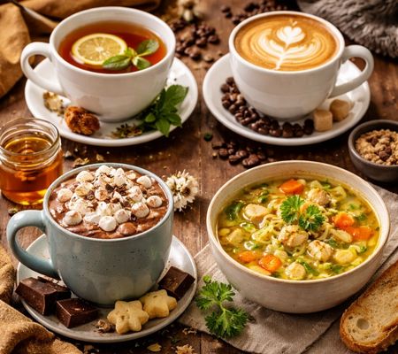 Hot chocolate, soup, coffee, and tea