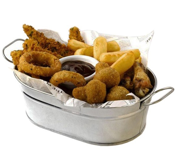 A serving bucket with food in.