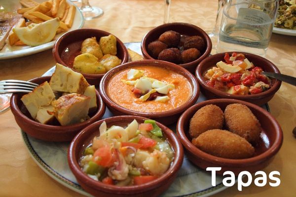 Tapas dishes with a range of food