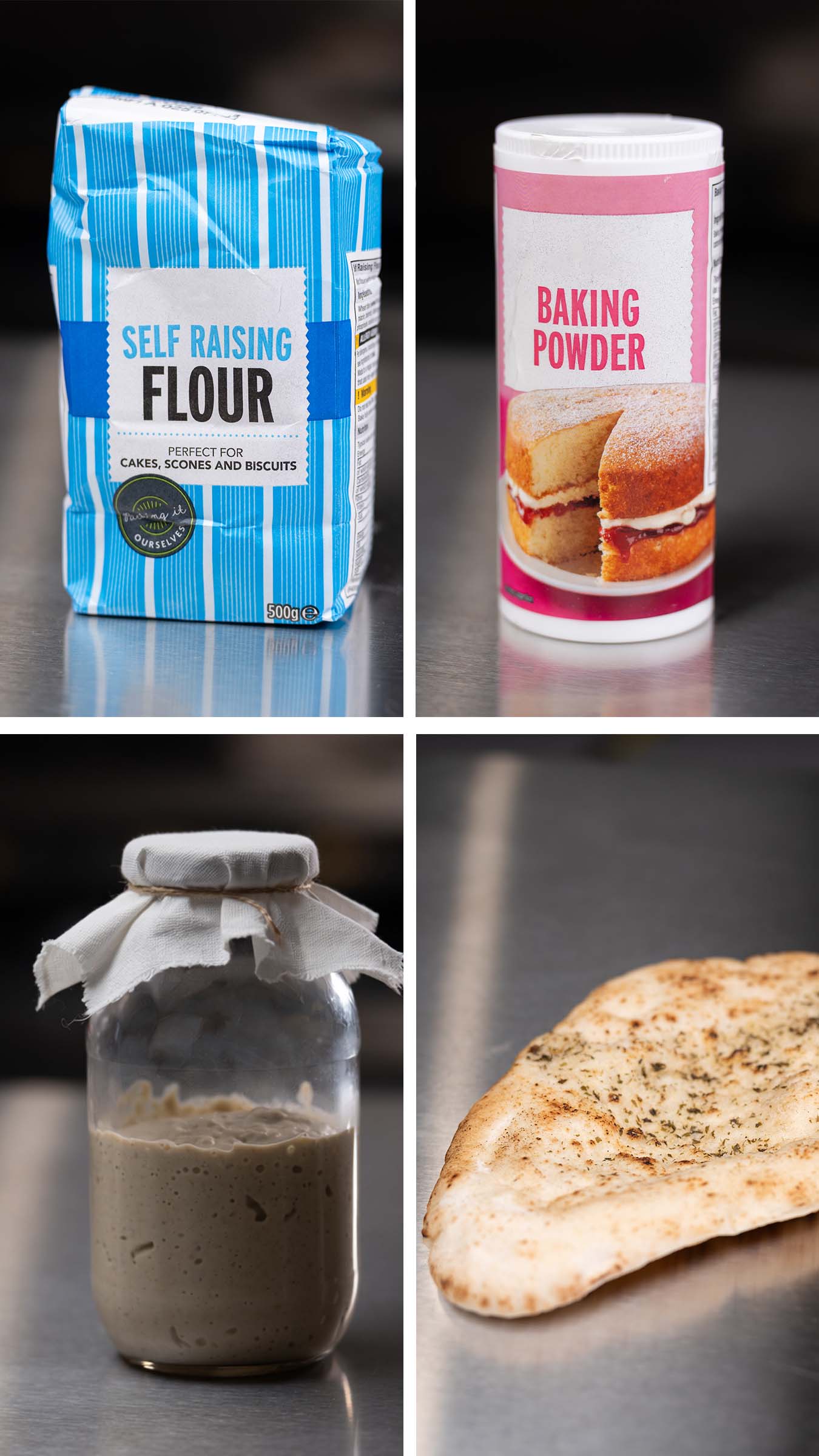 Flour, baking soda, sourdough starter, and a naan bread