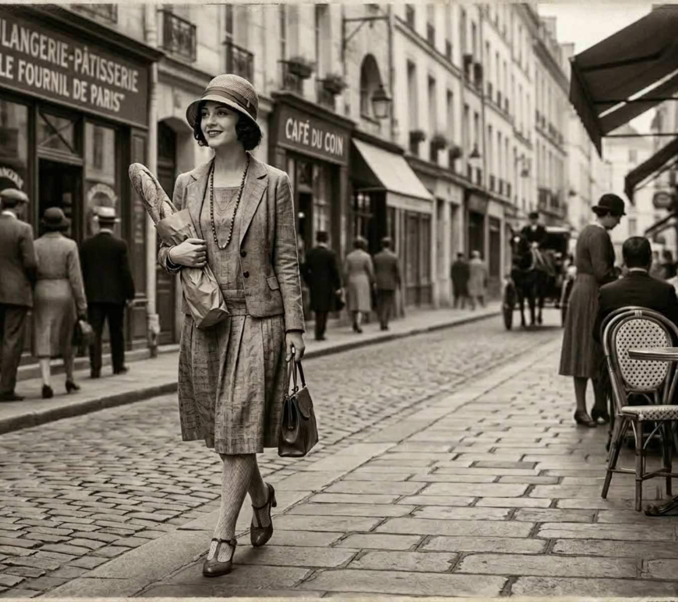 Lady from the 1920s carrying a French bread stick