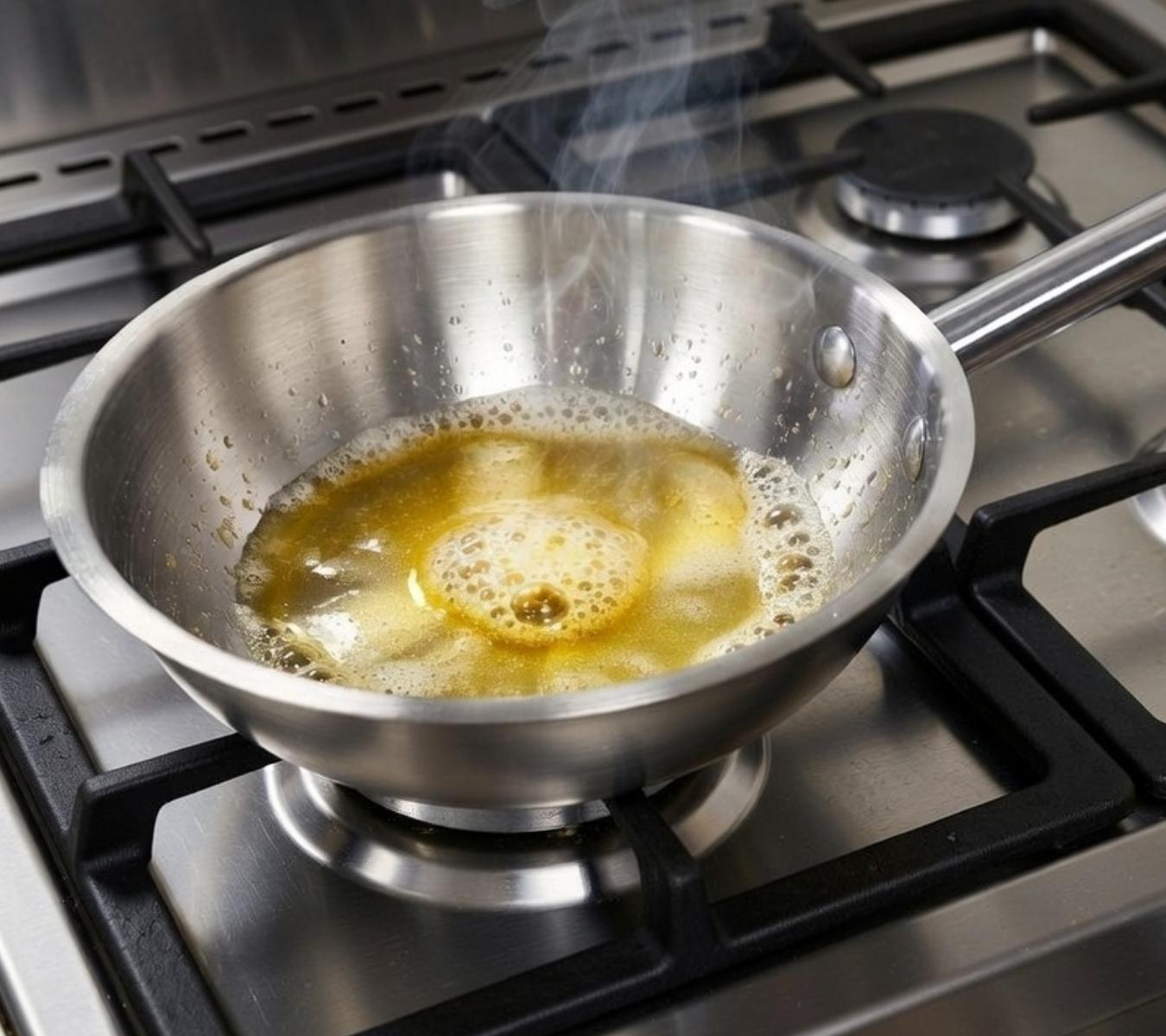 Butter melting in a stainless steel pan