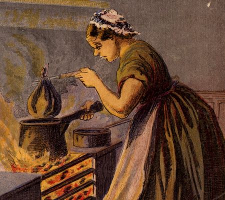 Historic image of woman cooking a pudding
