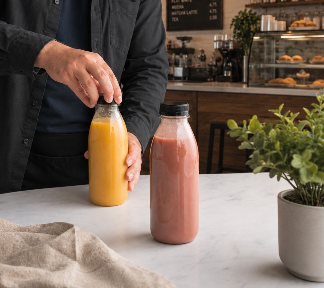 Person putting a lid on a juice bottle