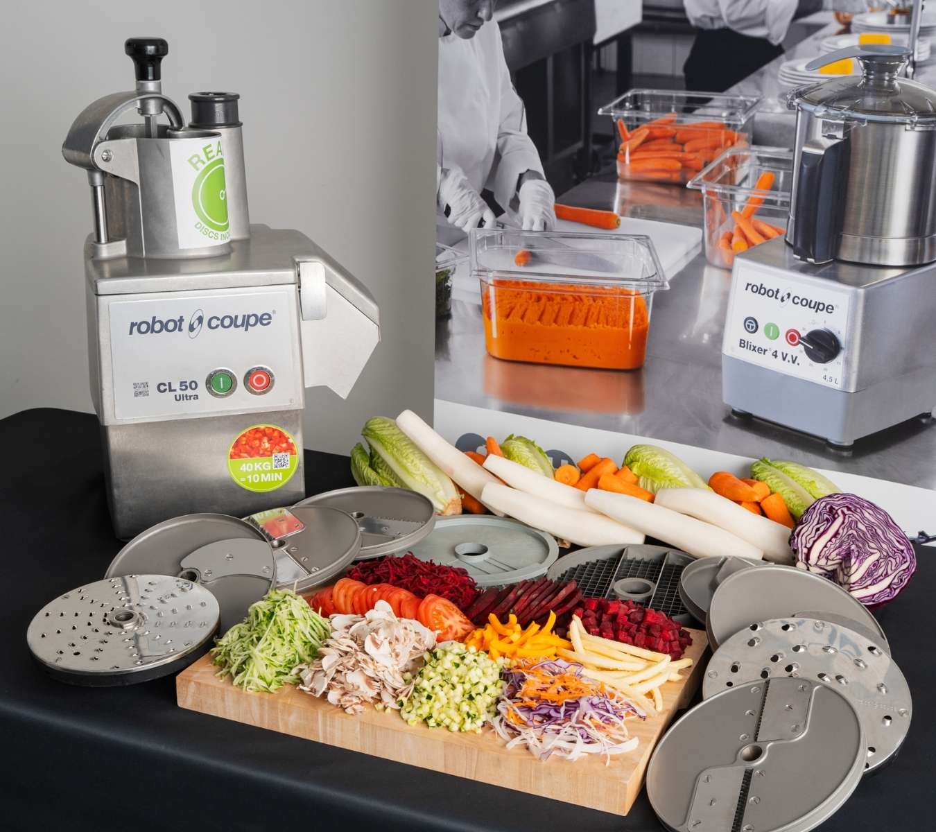 Robot Coupe CL50 with vegetables and discs