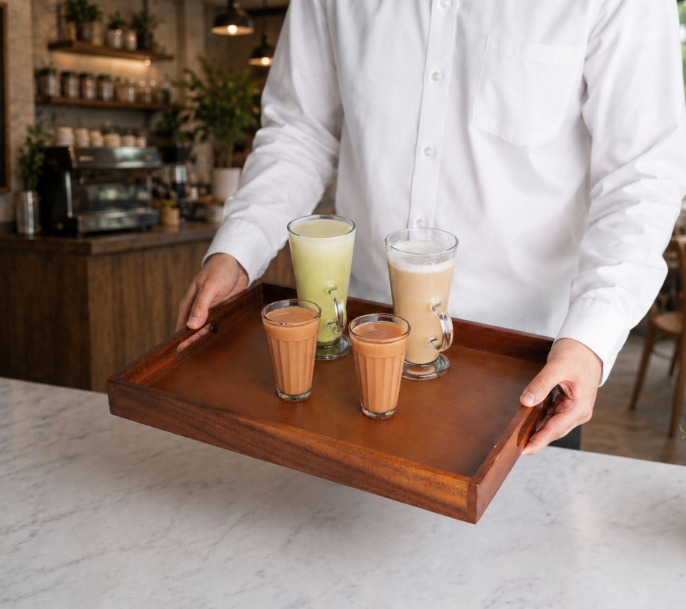 Waiter carrying a range of hot drinks on a tray