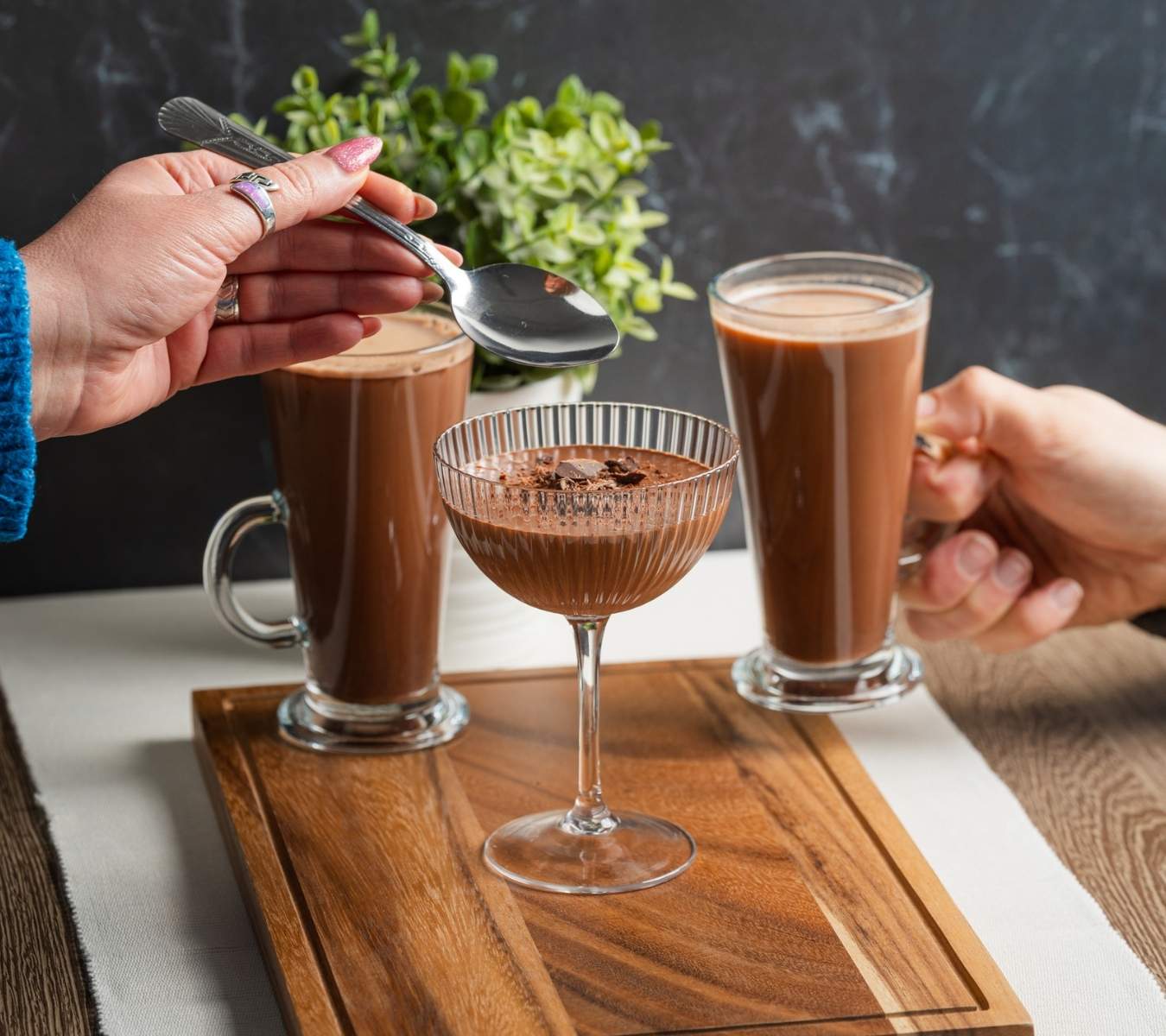 Hot chocolates and a chocolate mousse