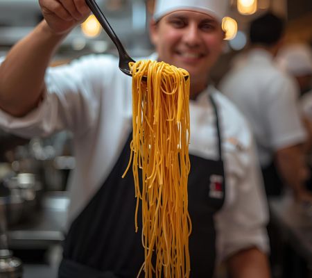 Chef with pasta on a spaghetti server