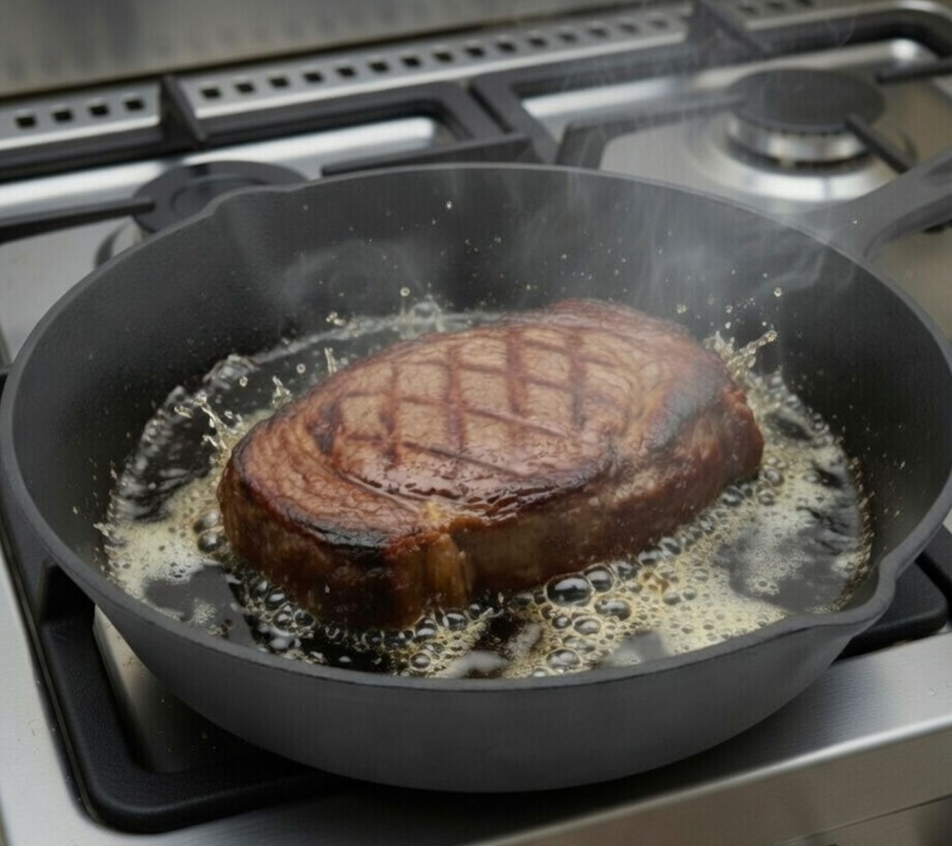 Steak sizzling in a skillet