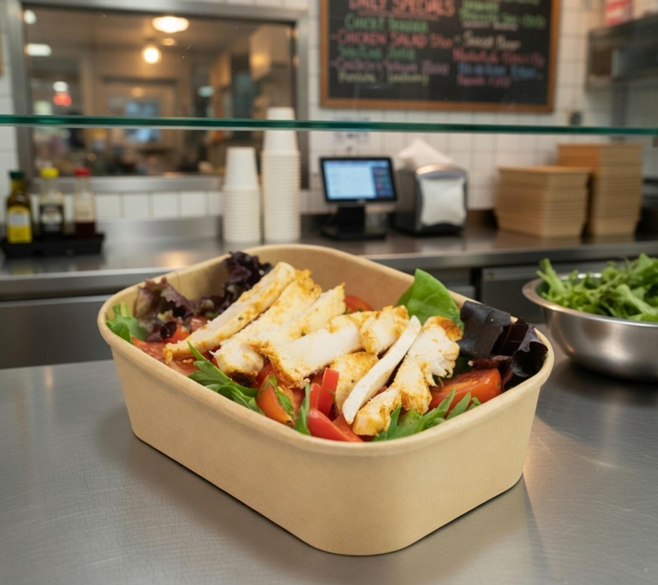 Craft takeaway container on a takeaway counter.