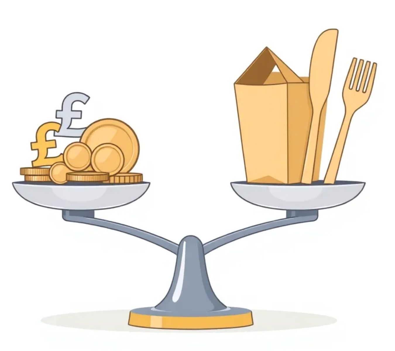 Graphic of scales with money on one side and takeout containers on the other